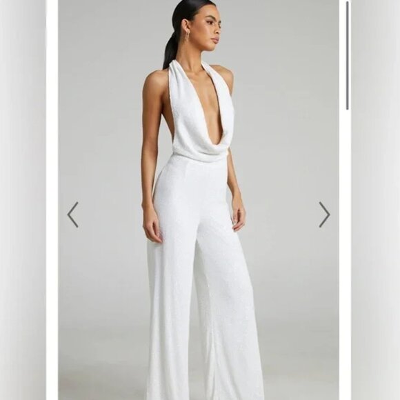 Showpo White Sequin Jumpsuit US Size 4 NWT - Picture 1 of 4